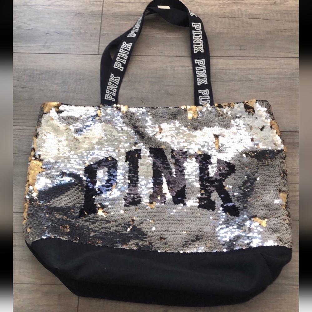 PINK Victoria's Secret Silver and Black Sequin Tote